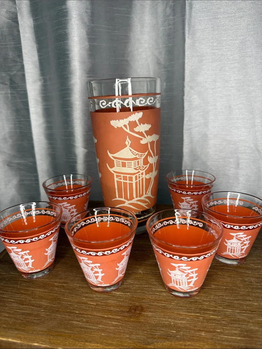 Vtg Dyball Coral Pagoda Glasses Matte Mid Century Modern Hazel Atlas 7pc Set